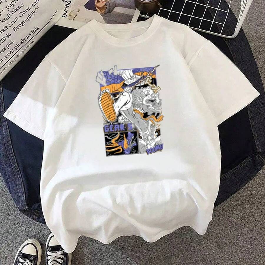 Camiseta unisex Gear-5-Luffyss con estampado retro de anime y dibujos animados, ideal para el verano, estilo casual y holgado. - Blanco - Ver 1