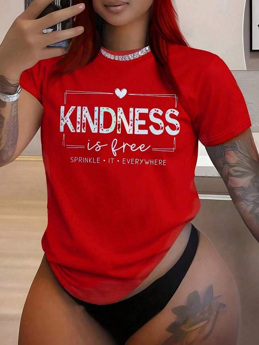 Fashionable Women's Retro Print Round-Neck Short-Sleeve T-Shirt "Kindness Is Free, Spread It Everywhere" Suitable For Casual Daily Wear, Christmas And Halloween Gift 2026Women's T-Shirt-Vintage Street Style Unisex Loose Cotton Short Sleeve Crew Neck T-Shirt100%cotton - Rojo - Ver 1