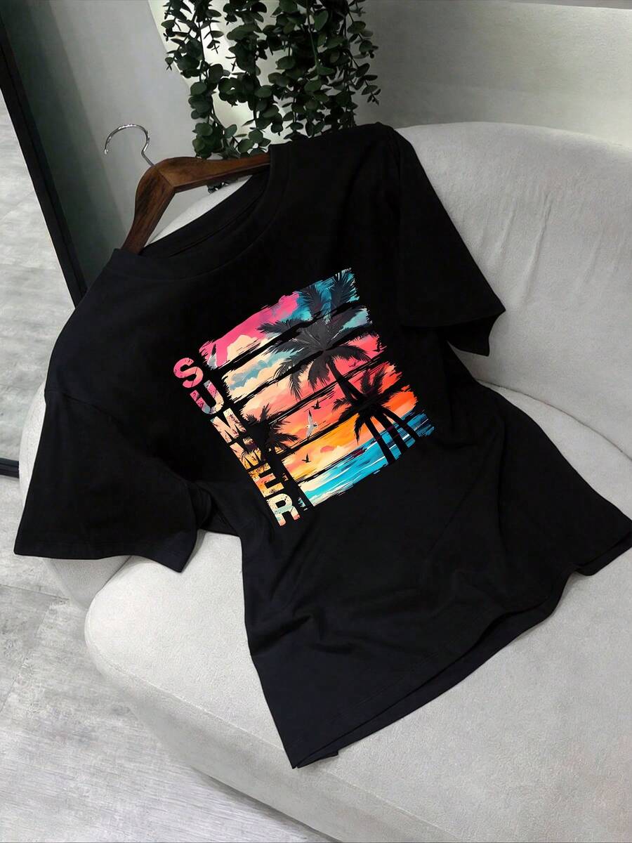 Camiseta de mujer para el atardecer de verano. Camiseta con Estampado de Playa Tropical: Crea fácilmente un look dulce y casual. Ideal para el tiempo libre de verano, los desplazamientos diarios, salidas informales y ropa de vacaciones. - Negro - Ver 1