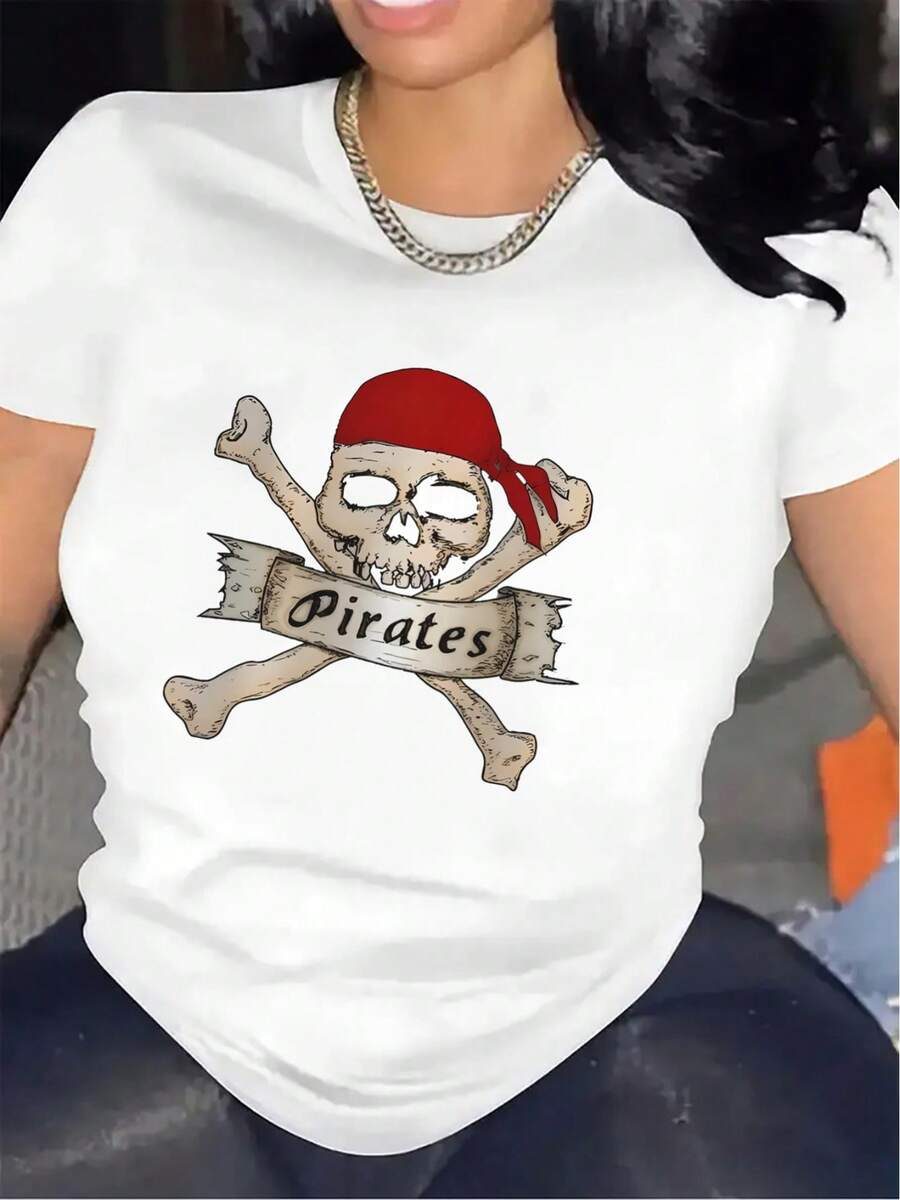 Women's T-Shirt With Pirate Skull Print | Durable And Lightweight, Suitable For Leisure Activities, Comfortable Fit, Unisex T-Shirt With Printed Design, Ideal For Indoor And Outdoor Activities, Round Neck, Medium Stretch Fabric, Printed Design. - 白色 - 查看 1