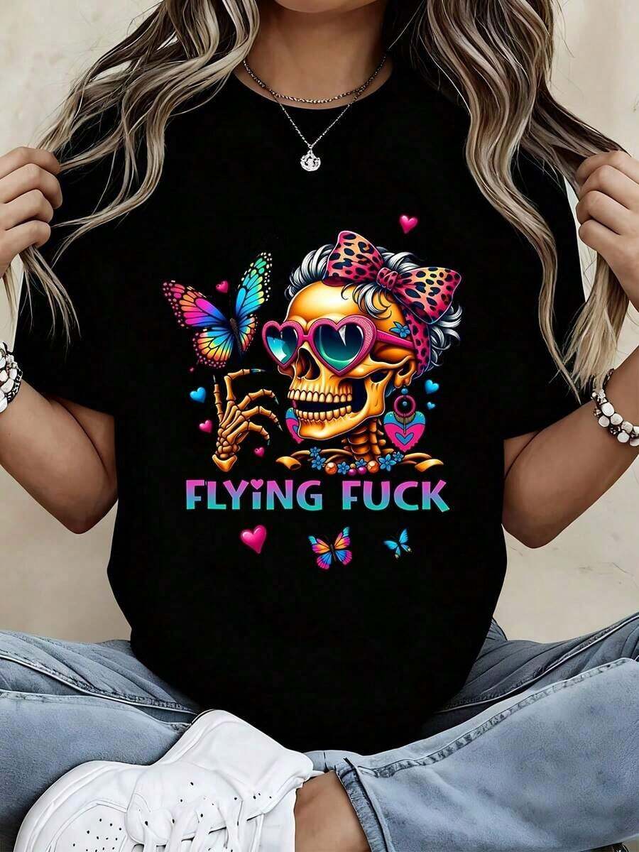 Women's Clothing Women's T-Shirt Sugar Skull With Graphic Print Butterfly And Flying Hearts Casual Everyday Wear Women's Shirts - 黑色 - 查看 1