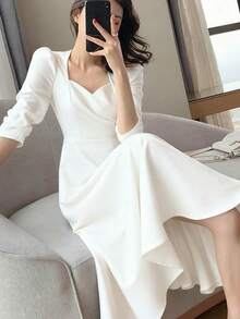 Vestidos largos de mujer Hepburn vintage cuello en v largo temperamento vestidos largos - Blanco - Ver 6