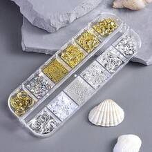 3D金属美甲装饰品，12槽金属合金海洋世界美甲配件，配有闪亮贝壳珠和气泡，DIY美甲用品，扁平白色珍珠搭配银色水钻，适合美甲 - 彩色 - 查看 7