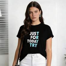 Ropa de verano para mujer, camiseta de algodón suave y casual con cuello redondo, solo por hoy, prueba el patrón de estampado de letras. Negro. - Negro - Ver 3