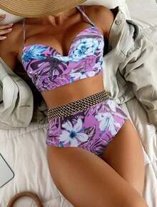 Nuevo traje de baño conservador de dos piezas con estampado floral y cintura alta. - Morado - Ver 8