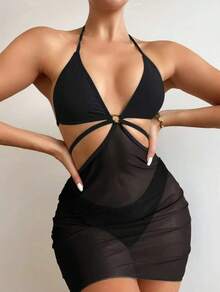 Nuevo y sexy traje de baño de una pieza con falda corta de malla. - Negro - Ver 8