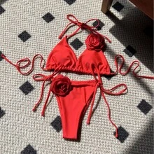 Nuevo traje de baño de dos piezas para mujer, de color sólido rosa, con tiras ajustables. - Morado - Ver 7