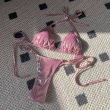 Nuevo y sexy traje de baño de bikini con tanga de perlas brillantes. - Dorado - Ver 9