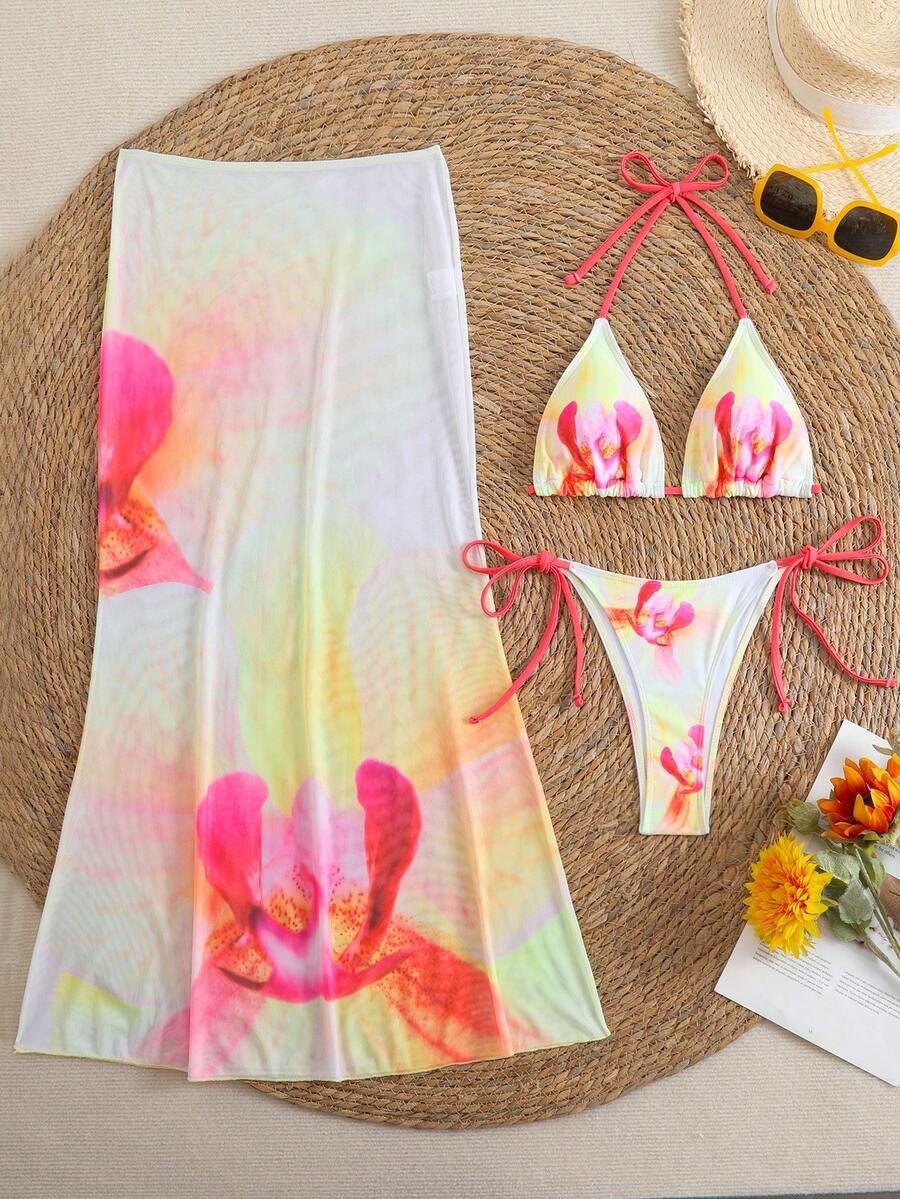 Conjunto de tres piezas con estampado floral - Nueva edición: Maxifalda transparente y bikini sexy - Juego de ropa de cama de tres piezas color blanco roto 9266 - Ver 1