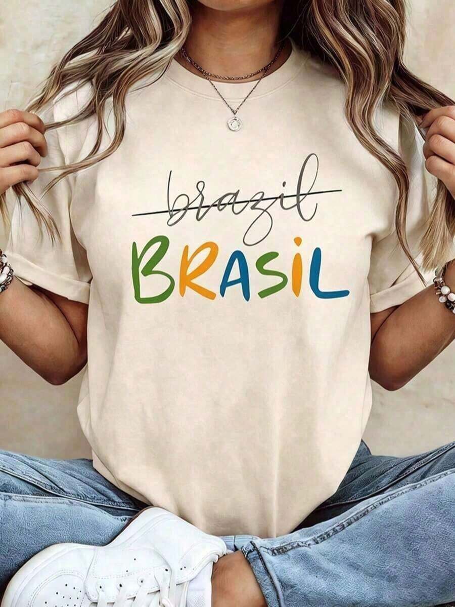 Camiseta Holgada Sencilla Mujer Estilo Moderno 100% Brasil, Camiseta de Mujer con Estampado Gráfico BRASIL, Top Casual de Manga Corta con Cuello Redondo para Verano y Primavera, Ropa de Mujer, Camiseta Unisex de Algodón Suave, Top de Manga Corta de Regalo de Pascua Unisex, Camiseta Casual Unisex 'La Mejor Mamá de la Mundo', Camiseta Mujer Estampado Gráfico Verano 2026 - Albaricoque - Ver 1