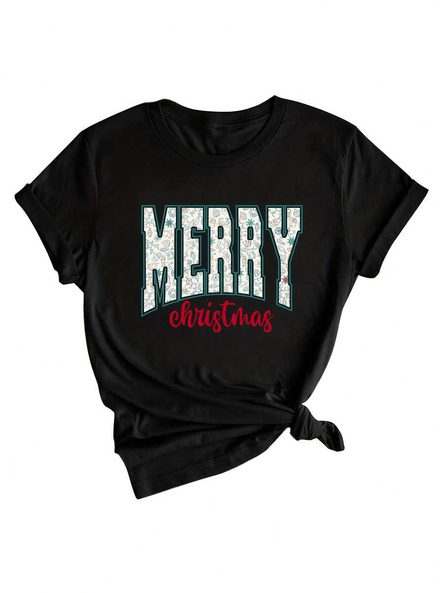 Camiseta suave 100% algodón con estampado de Feliz Navidad, cuello redondo, manga corta informal para primavera y verano, ropa de mujer, camiseta de algodón transpirable, combina con todo, genial. - Negro - Ver 1