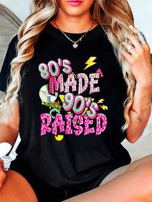 Talla Grande - Estilo Nostálgico de los Años 80 y 90, con un Diseño que Dice '80'S MADE 90'S RAISED' junto con Patrones de CD y Notas Musicales. Esta Camiseta Casual de Mujer de Talla Grande con Cuello Redondo es Perfecta para Primavera y Verano - negro - Ver 3
