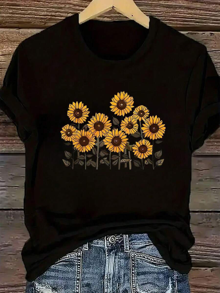 Camiseta negra de manga corta para mujer con diseño de girasoles pintados a mano, cuello redondo, diseño casual suave y microelástico, fresca y transpirable, estilo bohemio retro atractivo, adecuada para la comodidad y la relajación diarias. - Negro - Ver 1