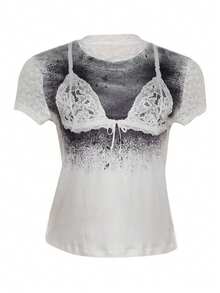 Camiseta de manga corta con estampado exclusivo combinación de encaje transparente estilo sensual - Negro - Ver 10