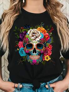Camiseta de Mujer, Calavera Mexicana, Flores Coloridas, Camisa Casual Minimalista, Cuello Redondo, Manga Corta, Algodón Transpirable, Ropa Casual para Uso Diario, Tops para Salir para Mujer - Negro - Ver 1