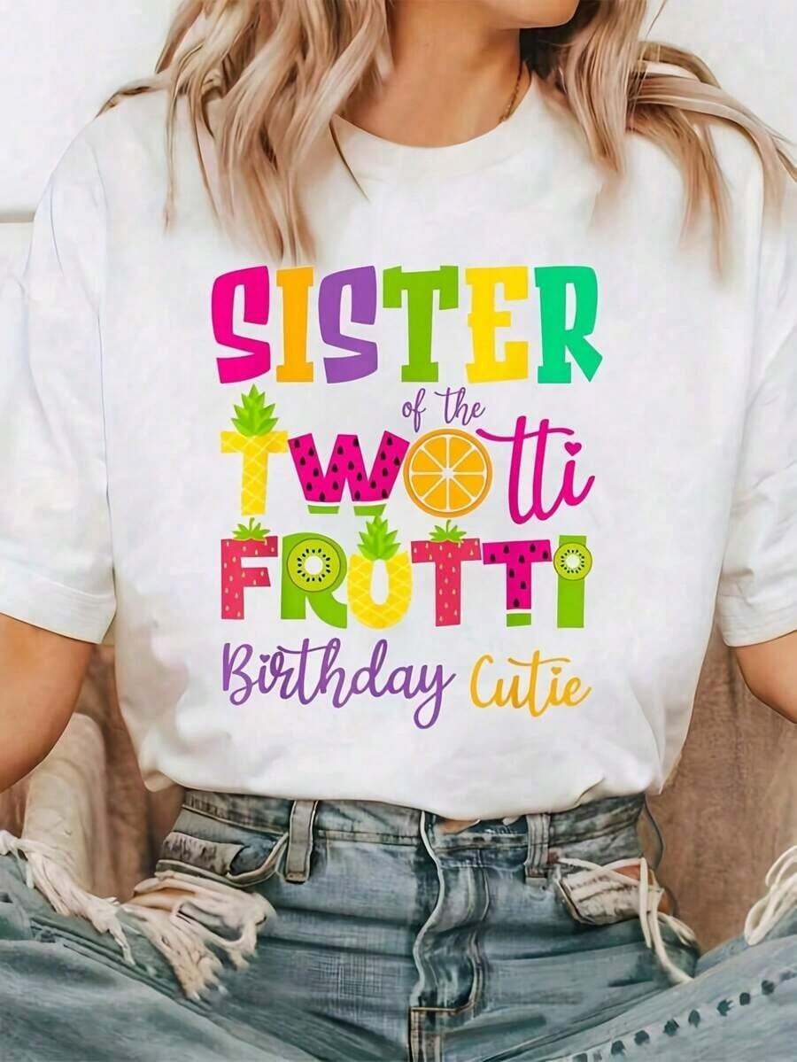 Camiseta Casual para Mujer y Unisex, Linda Camiseta de Cumpleaños de la Hermana Twotii Frutti | Camiseta casual de manga corta, cuello redondo, suave, transpirable y ligera, con estampado gráfico de frutas coloridas, corte regular, para todas las estaciones, 100% algodón, duradera. - Blanco - Ver 1