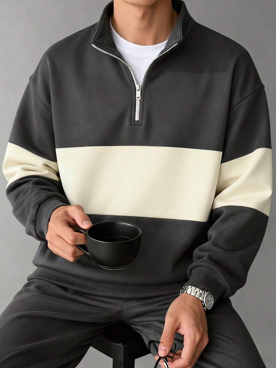 Men's Casual Fashionable Versatile Contrast Color Collegiate Style Comfortable Half-Zip Long Sleeve Sweatshirt, Autumn/Winter - Dark Grey - View 1