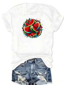 Casual T-Shirt With Tropical Fruit Graphic Print And Colorful Watermelon Ink For Fruit Lovers, Casual Short Sleeve T-Shirt For Spring And Summer, Plus Size Clothing For Women, 100% Cotton, Durable - 白色 - 查看 7
