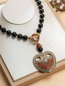 1 Pair Vintage Baroque Style Black Beaded Necklace, Retro Heart-Shaped Rhinestone Pendant Necklace, Niche Luxury Versatile Jewelry For Party And Commute - Multicolor - View 8