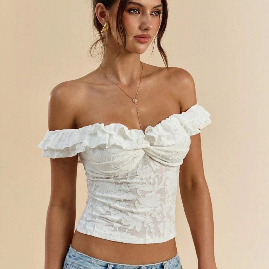 Women's Floral Jacquard Short Sleeve Off The Shoulder Crop Top Ruffle Fitted Tee Shirts - White - View 1