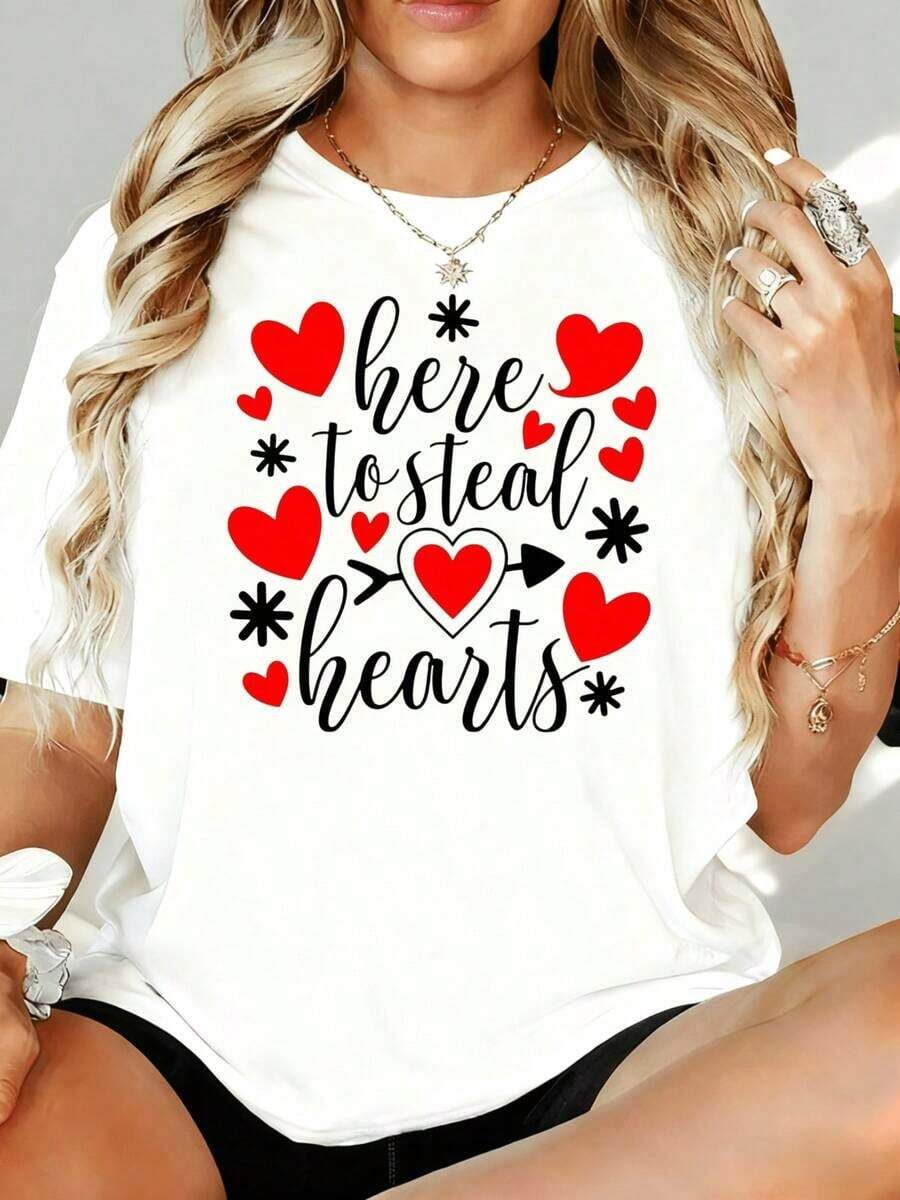 Camiseta de San Valentín "Aquí Para Robar Corazones" para Mujer, Bonita Camiseta con Estampado de Corazón, Corte Holgado Casual, Regalo de Moda para el Día de San Valentín, 180g, para Ocio en Casa, al Aire Libre, Regalo para Fiesta de San Valentín - Blanco - Ver 1