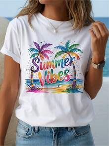 Mexican Plus Size - Women's Sports T-Shirt With Tropical Palm Tree Print And Summery Feel, Lightweight, Round Neck, Short Sleeve, Beach Style, With Prints In Light Pink, Purple, Blue, Yellow, Orange And Green, Casual For Spring. Fashionable Summer Cotton T-Shirt. - 白色 - 查看 1