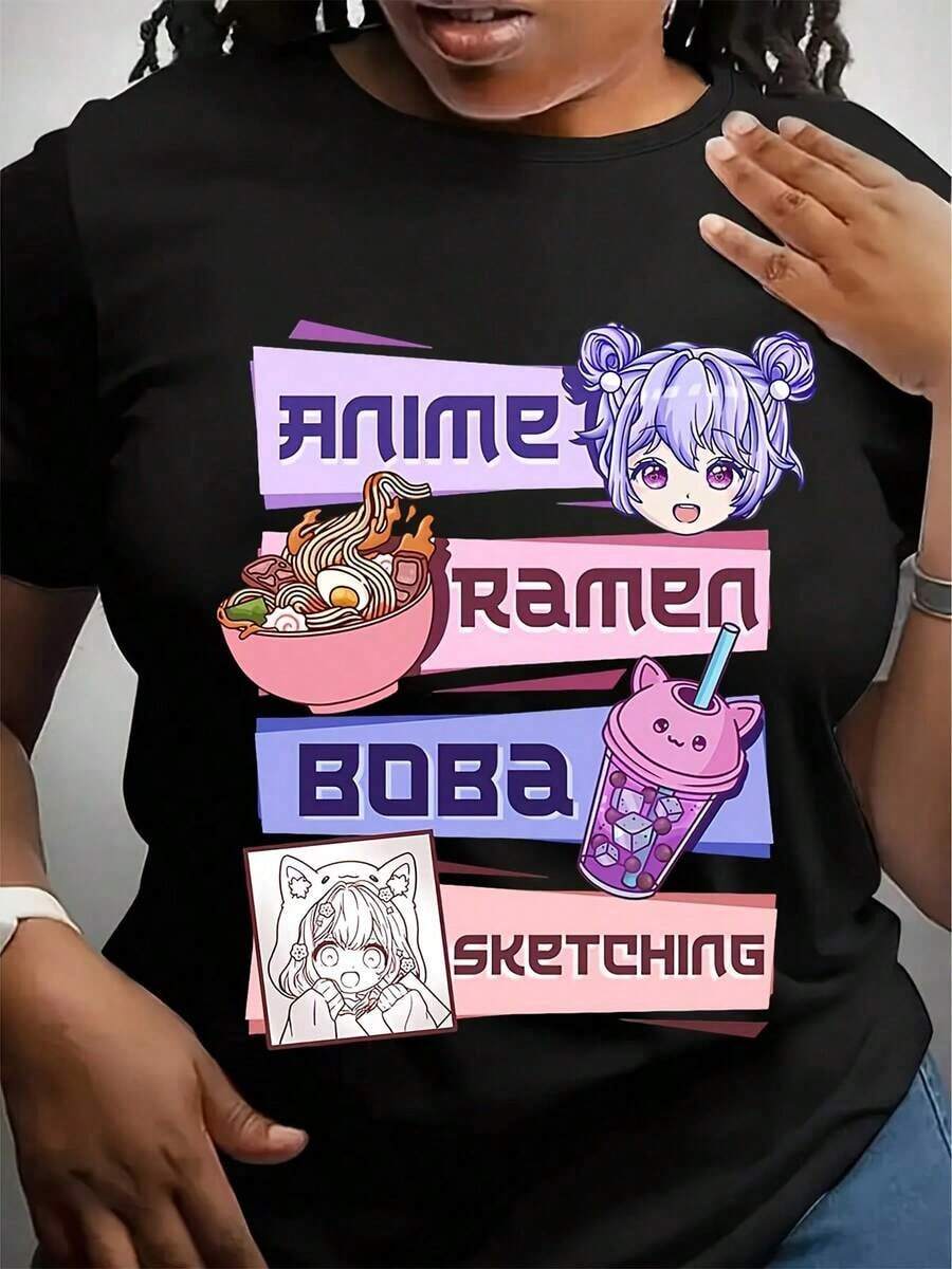 Camiseta con estampado de dibujo de Anime RaWomen Boba Tea Bubble Tea, manga corta, cuello redondo, top casual para verano y primavera, ropa de mujer. - Negro - Ver 1