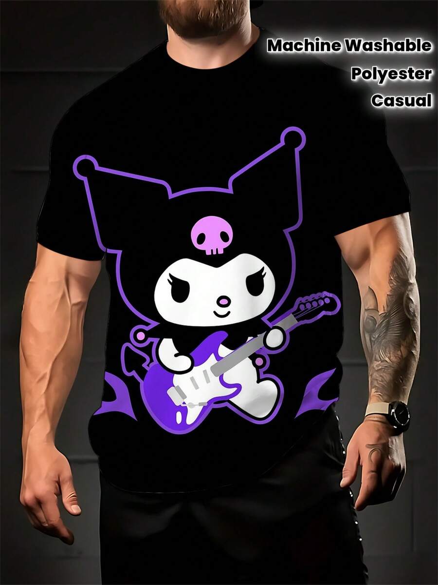 [Licensed]-Men's T-Shirt, Short Sleeves, Crew Neck, Vibrant Cartoon-Style Striped Design, Polyester, Casual Fit, Machine Washable, Autumn Clothing, Superhero-Themed T-Shirt, Shiny Texture, Loose And Comfortable. - Mixed Colors - View 1
