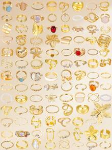 54/34/20/15/6 chiếc Nhẫn xếp chồng thời trang tối giản, thanh lịch, thiết kế cổ điển, họa tiết hình học, hoa, trái tim, đá giả kim cương, đá giả ngọc trai. - Vàng - Xem 10