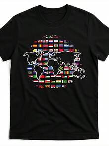 Camiseta unisex con estampado gráfico de viajes internacionales, dise?o de mapa del mundo y banderas nacionales, camiseta deportiva transpirable. - Negro - Ver 1