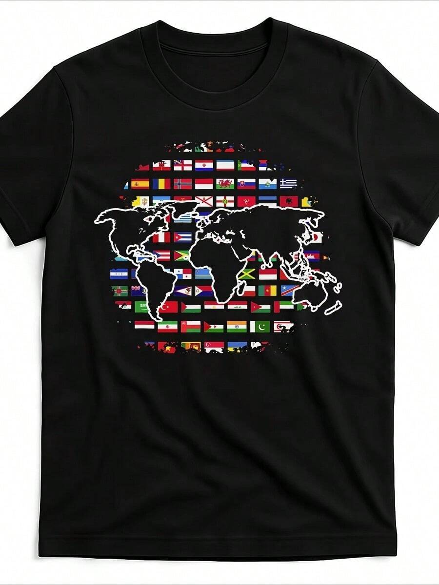 Camiseta unisex con estampado gráfico de viajes internacionales, dise?o de mapa del mundo y banderas nacionales, camiseta deportiva transpirable. - Negro - Ver 1