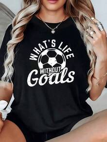 Balón de fútbol con frase que inspira a vivir con metas y motivación recordando que la pasión da sentido a la vida camiseta de mujer casual moderna cómoda para diario - Negro - Ver 6