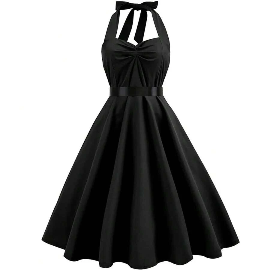 Vestido sexy retro blanco de lunares Hepburn Vintage Halter vestido de fiesta 50s 60s Pin Up Rockabilly Robe - B002 - Ver 1