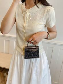 Rhinestone Patchwork Mini Square Bag, Mini Chain Shoulder Crossbody Bag, Chic Handbag For Commuting - Black - View 4