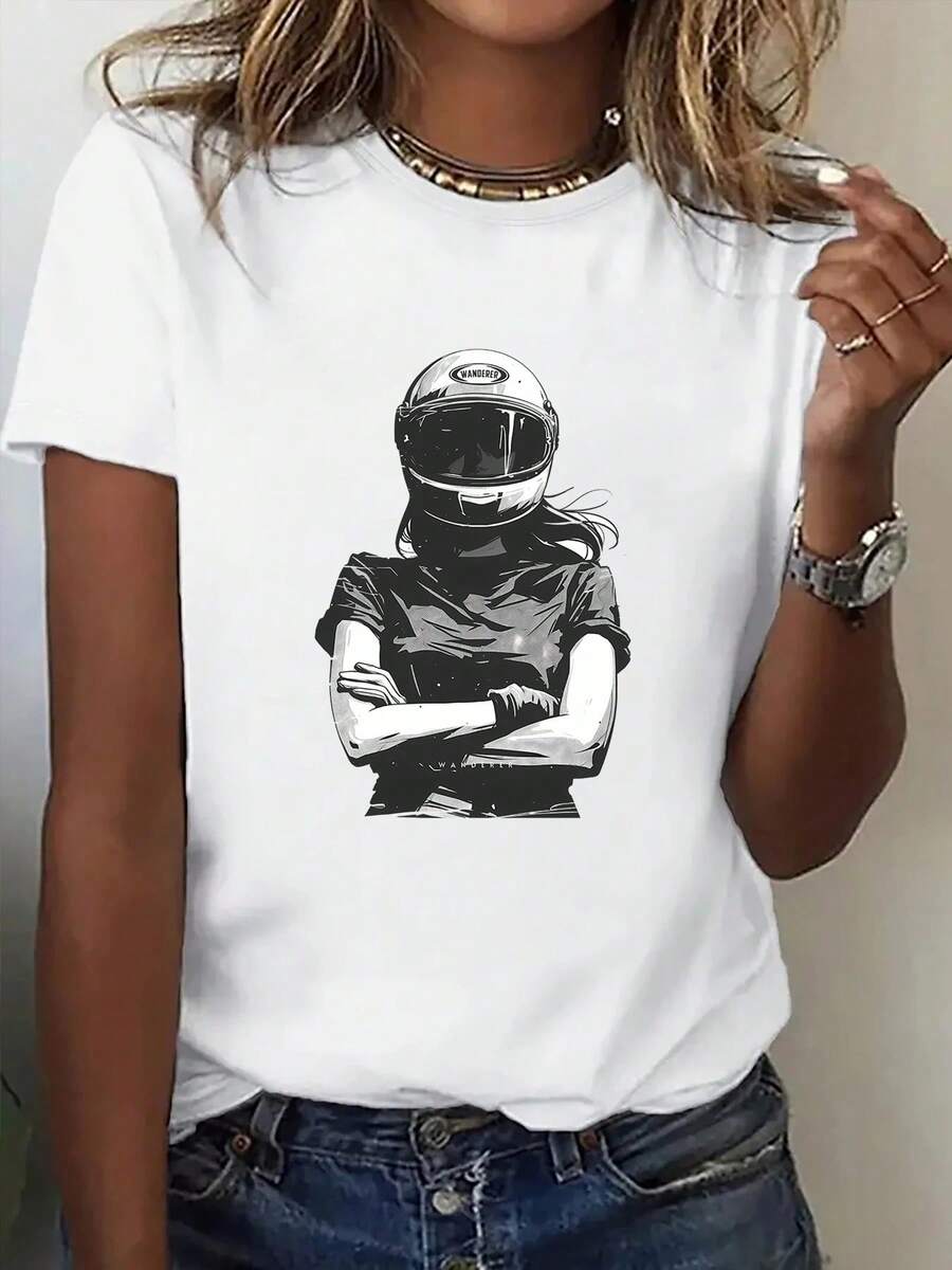 Camiseta de mujer de algodón cuello redondo manga corta verano chic piloto en México - Blanco - Ver 1