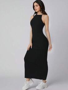 Vestido largo de mujer de unicolor con cuello halter sin mangas, cintura ceñida, ajuste delgado, color negro, adecuado para el transporte urbano, negocios, casual, elegante, ocasiones formales, estilo retro de los 90, diario, viaje, atuendo minima - Negro - Ver 3