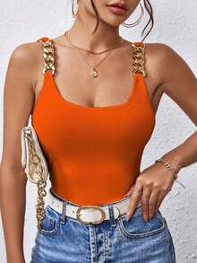 Camiseta Sin Mangas Para Mujer Con Tirantes De Cadena De Metal Y Espalda Descubierta - Naranja - Ver 5
