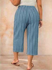Pantalones casuales sueltos para mujer de talla grande, de unicolor, con cintura elástica y cordón - Niebla azul - Ver 2