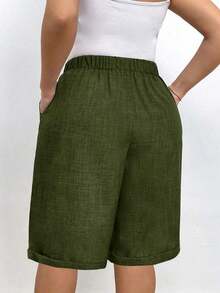 Pantalones cortos holgados de lino de talla grande para mujer, de unicolor, con bolsillo y lazo en la cintura, pantalones cortos anchos y de pierna ancha, pantalones cortos modestos para vacaciones y verano, color negro - Verde militar - Ver 2