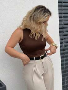 Top ajustado con hombro asimétrico y fruncido en color albaricoque, de estilo minimalista, elegante y versátil para uso diario y de oficina, primavera/verano - Marrón - Ver 4