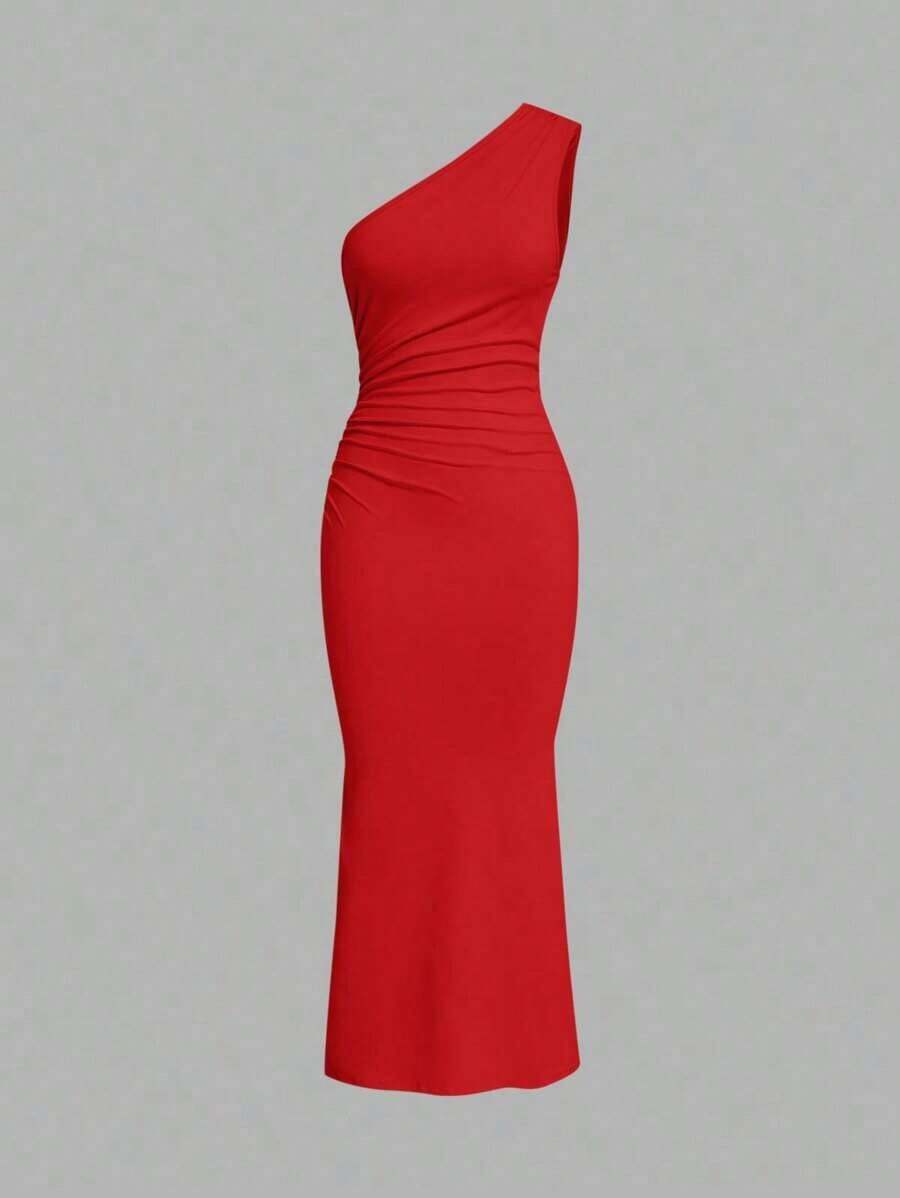 Vestido largo de tipo cola de pez minimalista con hombro asimétrico en color liso, arrugado, para uso diario casual - Rojo - Ver 1