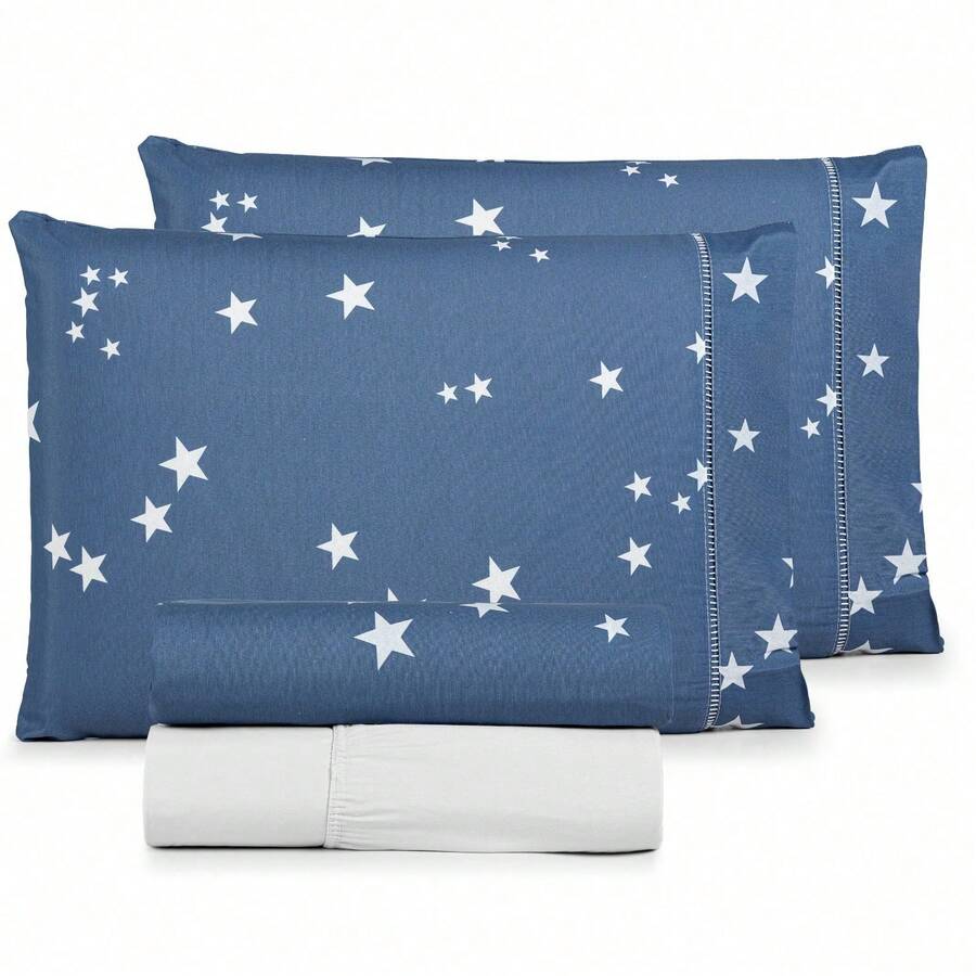 Jogo de Lençol para Cama Queen 4 Peças Conforto 100% Algodão - Estrela Azul - Visão 1