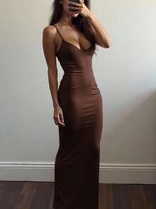 Vestido largo casual ajustado de color rosa sólido con tirantes finos para mujer - Cafetería - Ver 4