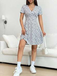 Vestido De Manga Corta Para Mujer Con Estampado Floral - Morado - Ver 4