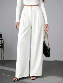 Tall Pantalones anchos de cintura alta de unicolor y versátiles, pantalones de cintura alta de estilo casual de otoño e invierno, pantalones negros de mujer, pantalones negros de vestir de pierna ancha, pantalones negros casuales, pantalones de esti - Blanco - Ver 6