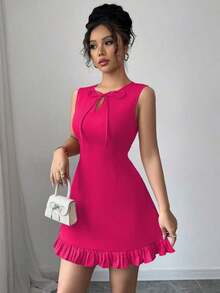 Nuevo vestido mini ajustado de mujer con cuello redondo, diseño de lazo, abertura lateral sin mangas, vestido de oficina, cita y fiesta, elegante y versátil con diseño de color block y volantes - Rosa Fucsia - Ver 4