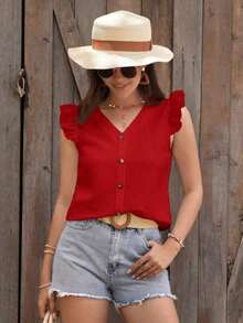Clasi Blusa de manga abullonada de unicolor casual para vacaciones de verano - Rojo - Ver 1