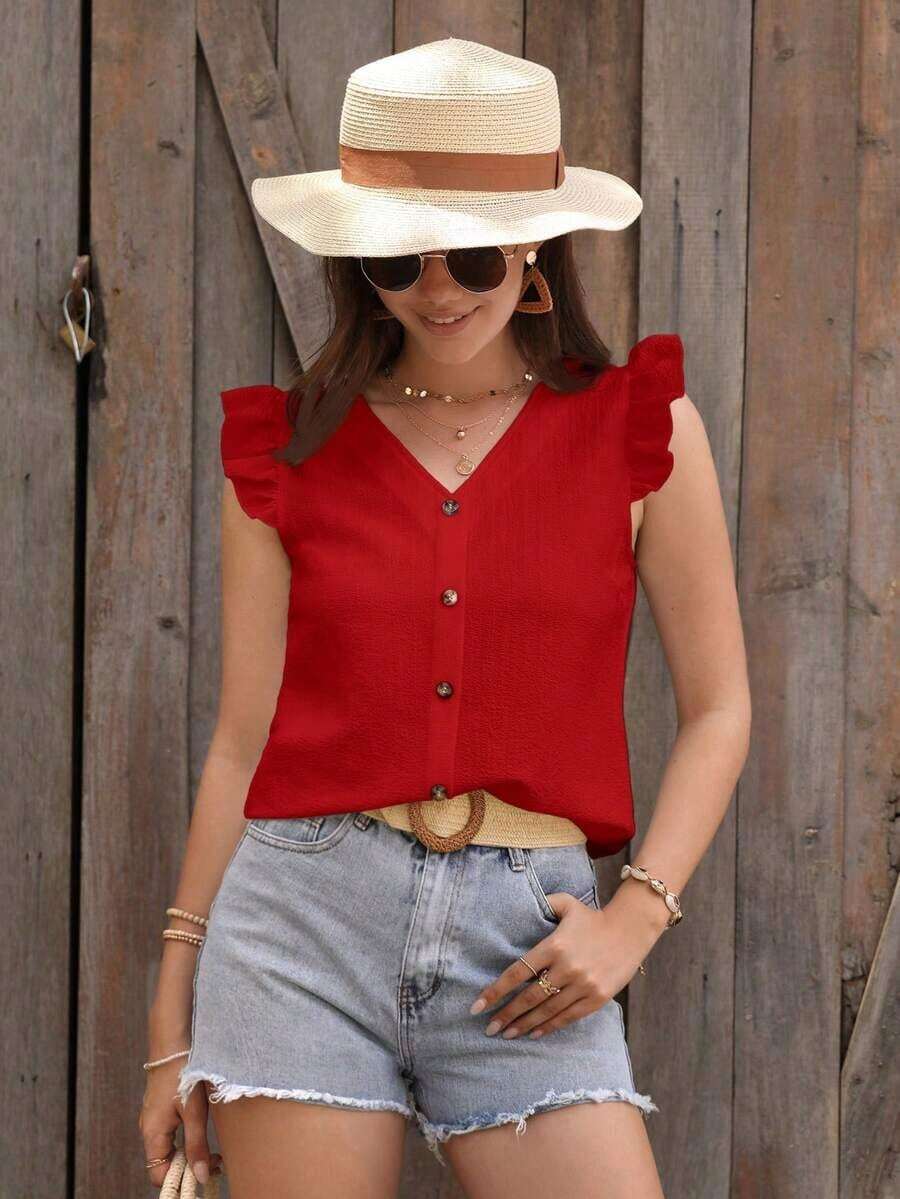 Clasi Blusa de manga abullonada de unicolor casual para vacaciones de verano - Rojo - Ver 1