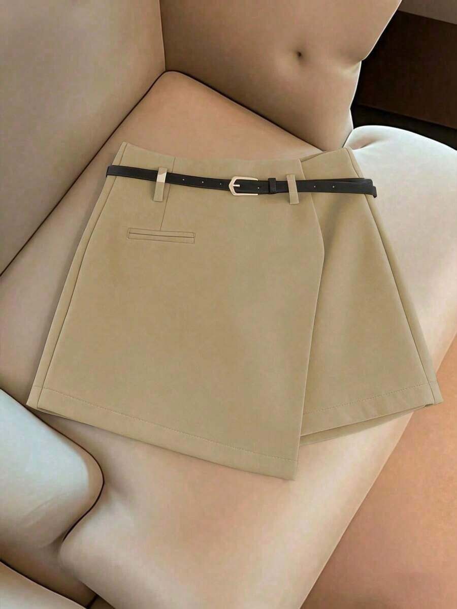 Pantalones con falda asimétrica de moda casual para ir al trabajo, pantalones cortos multifuncionales para mujer sin cinturón, pantalones con falda asimétrica a juego sin cinturón, falda asimétrica, falda con dobladillo asimétrico, falda pantalón - Marrón Mocha 2 - Ver 1