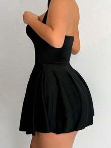 Vestido corto sin mangas de unicolor para mujer, atuendo casual y de uso diario en color borgoña - Negro - Ver 3
